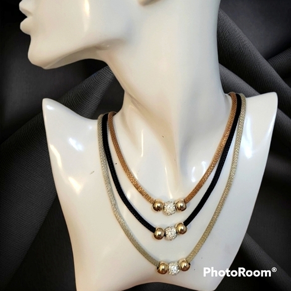 Vtg Mesh Chain Layered Beaded Holiday Disco Necklace - Picture 1 of 8
